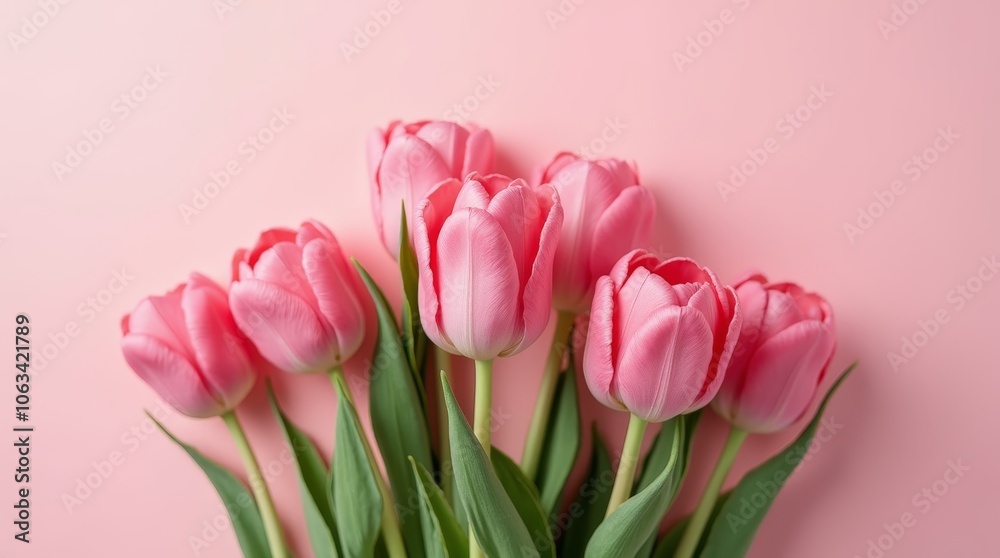 A bouquet of pink tulips is arranged in a vase on a pink background A bouquet of pink tulips is arranged in a vase on a pink background