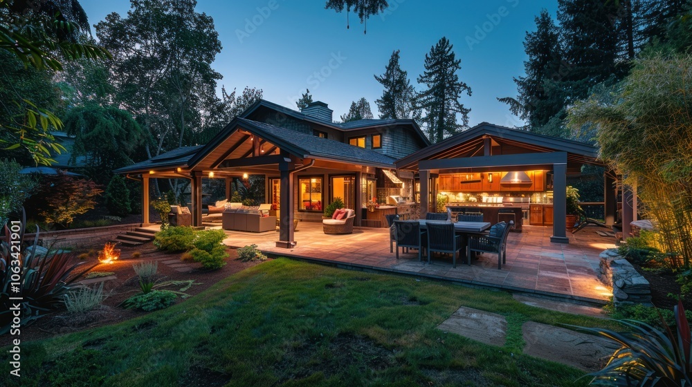 An outdoor eating area and kitchen are illuminated once the sun goes down.