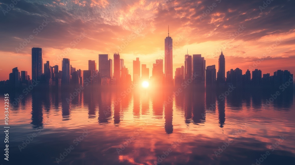 A city skyline silhouetted against a brilliant sunrise, A city skyline silhouetted against a brilliant sunrise,