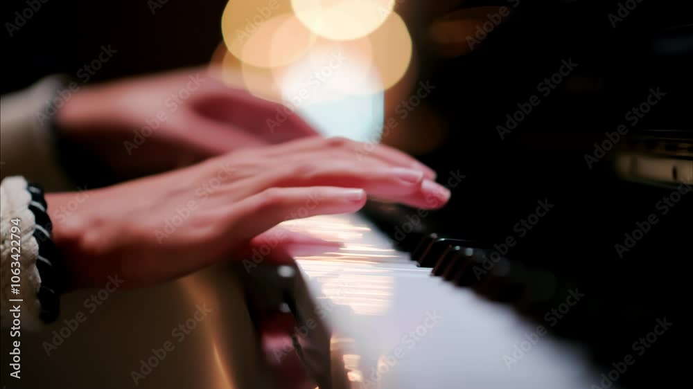 Close up of a woman's hands playing the piano with blurry lights on the background Close up of a woman's hands playing the piano with blurry lights on the background