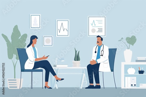 A news reporter interviewing a medical expert about the risks of long-term benzodiazepine use ,vectorline design , illustration