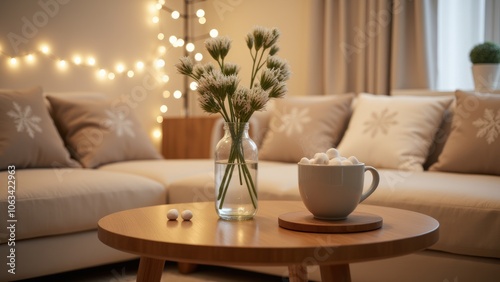 There is a vase of flowers on the table in the living room