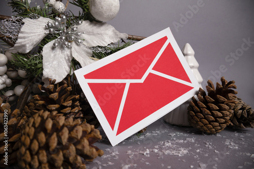 Red wish letter for Santa Claus with white winter decoration and pine cones in background