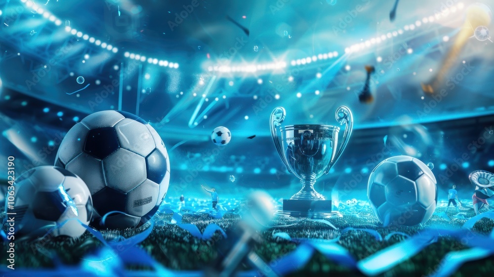 Naklejka premium Blue-themed sports banner with stadium, trophy, and sports icons, ideal for promoting tournaments,