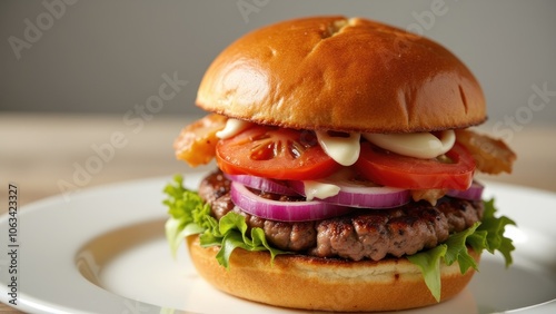 A burger with tomatoes, onions, lettuce, and bacon