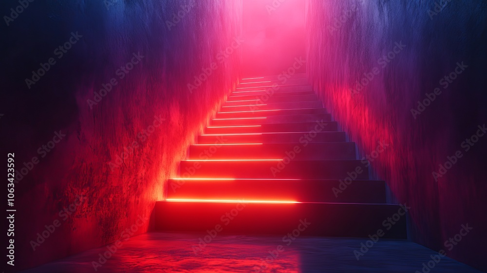 A staircase with red lights on it