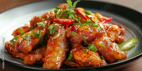 A plate of spicy grilled chicken garnished with fresh herbs and chili peppers, offering a savory delight.