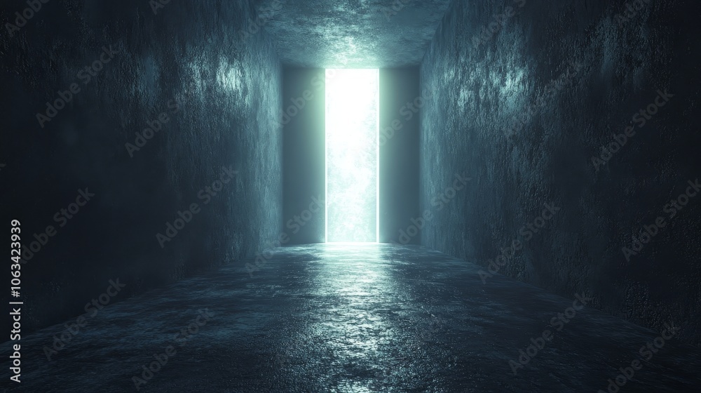 A dark room with a light shining through a doorway A dark room with a light shining through a doorway