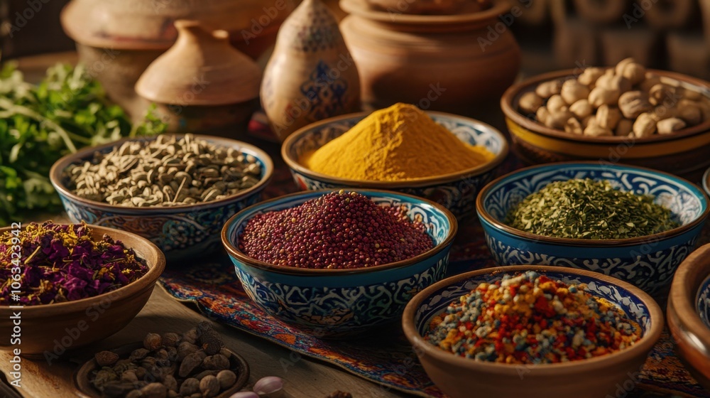 Colorful Uzbek spices displayed in bowls, creating an aromatic and vibrant scene Colorful Uzbek spices displayed in bowls, creating an aromatic and vibrant scene