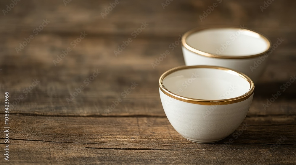 Elegant White Bowls with Gold Trim on Wooden Surface Elegant White Bowls with Gold Trim on Wooden Surface