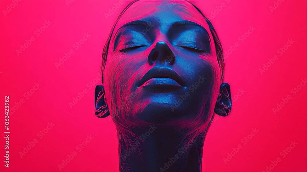 A woman's face is shown in a bright pink background A woman's face is shown in a bright pink background