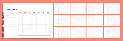 Calendar template for 2025 year. Week starts on Sunday. Wall 2025 calendar in clean minimalist style and notes section. Corporate or business planner. 