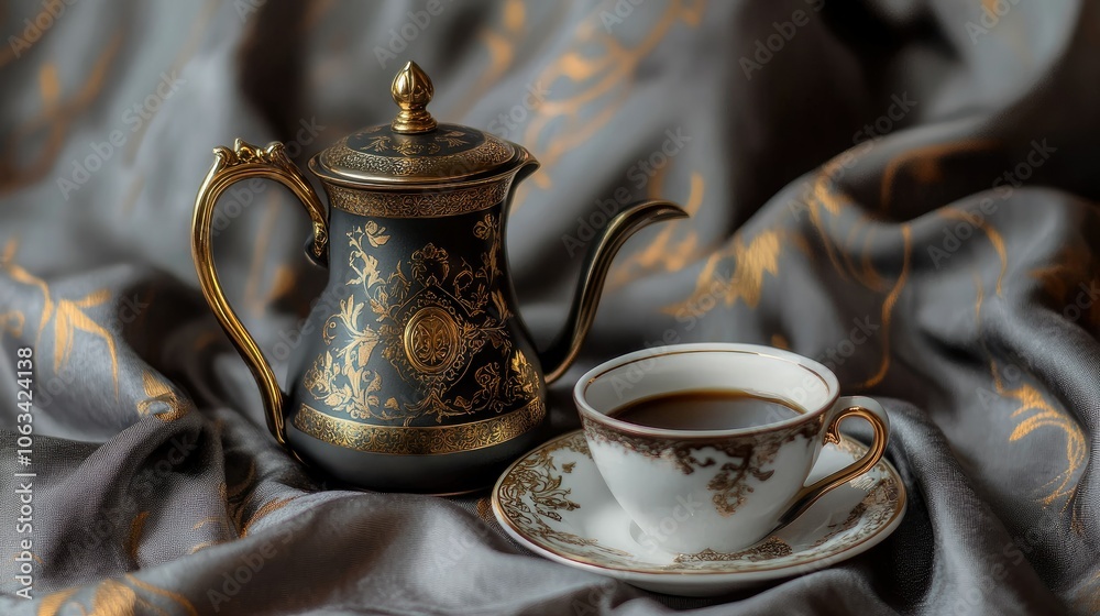 Elegant Teapot and Cup on Luxurious Fabric Background Elegant Teapot and Cup on Luxurious Fabric Background