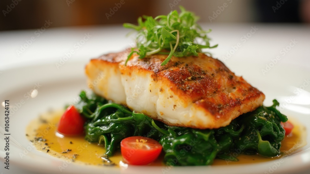 Fish on a plate with greens and tomatoes Fish on a plate with greens and tomatoes