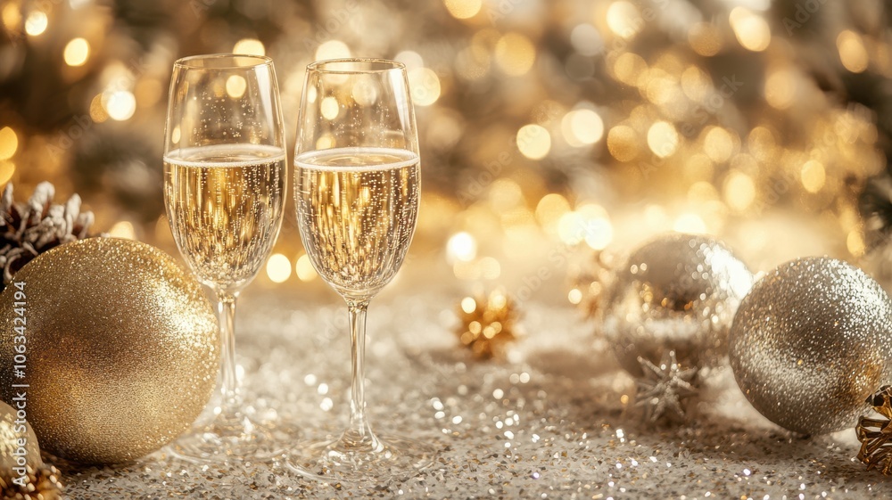 Glamorous New Year's Eve champagne toast in golden light with luxurious fabrics, gold and silver accents, and festive decor. Christmas, New Year's Eve Glamorous New Year's Eve champagne toast in golden light with luxurious fabrics, gold and silver accents, and festive decor. Christmas, New Year's Eve