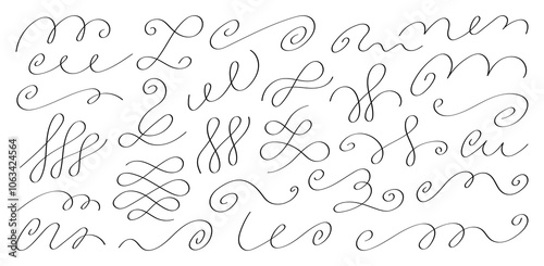 Collection of hand-drawn swirls and flourishes. Can be use for  invitations, logos, and decorative projects. Perfect for vintage and minimalist designs. Vector illustration