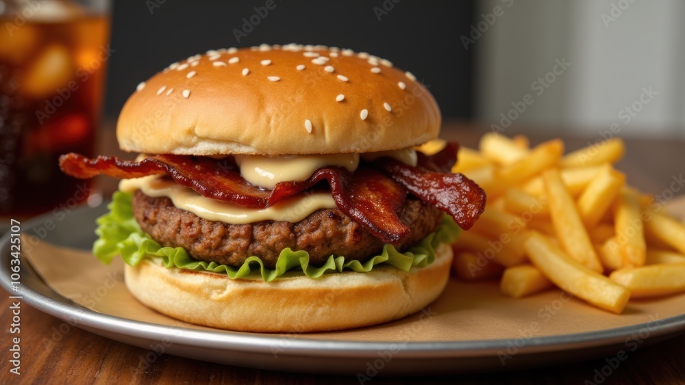 Burger with bacon and fries on a plate Burger with bacon and fries on a plate