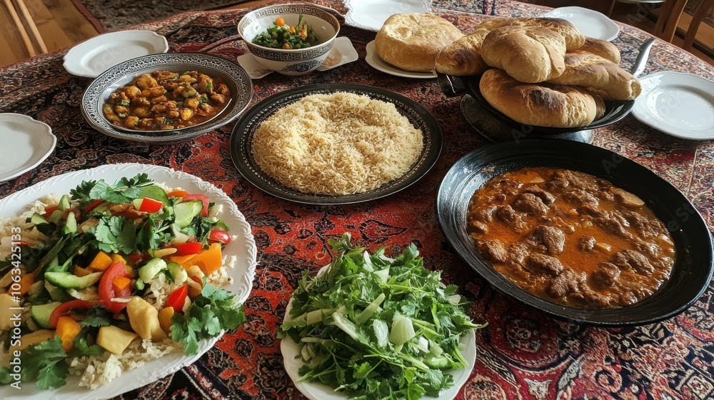 Table set with Uzbek dishes like plov, bread, and various salads, showcasing traditional family meal Table set with Uzbek dishes like plov, bread, and various salads, showcasing traditional family meal