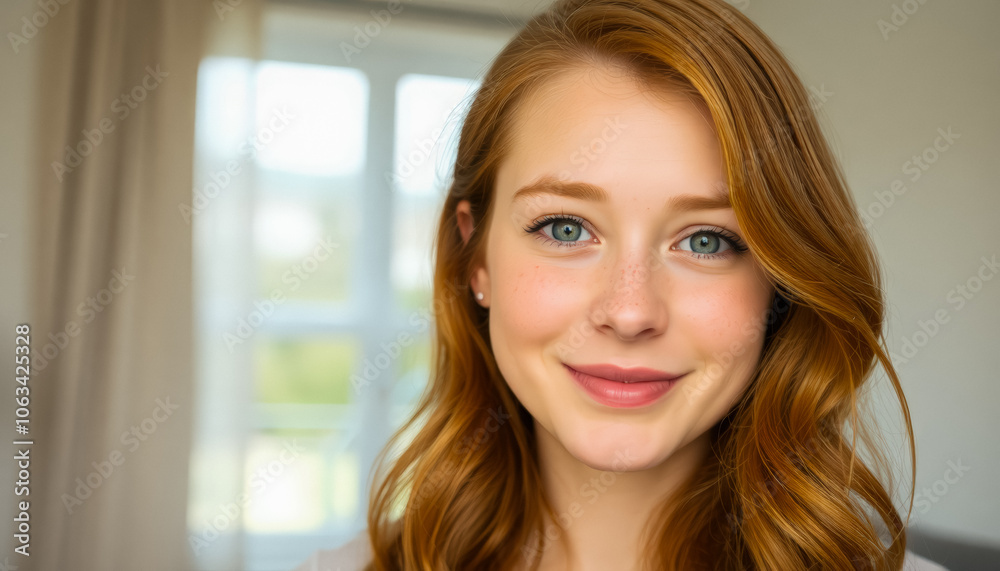 Portrait of an attractive young woman with a short haircut and bright smile in the interior of her room in a minimalist style. Portrait of an attractive young woman with a short haircut and bright smile in the interior of her room in a minimalist style.