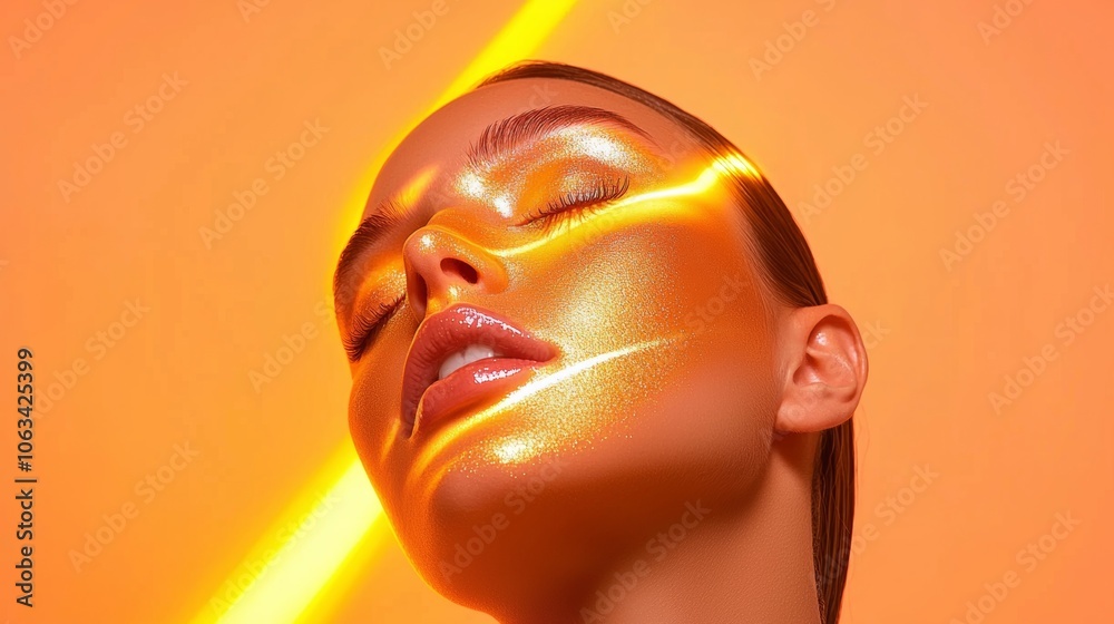 A striking close-up of a woman's face adorned with shimmering golden makeup, illuminated by vibrant orange light. A striking close-up of a woman's face adorned with shimmering golden makeup, illuminated by vibrant orange light.