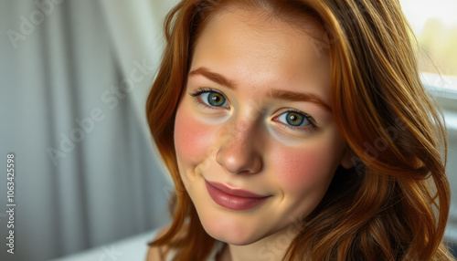 Portrait of an attractive young woman with a short haircut and bright smile in the interior of her room in a minimalist style.