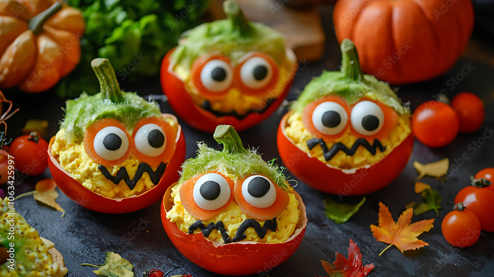 Fototapeta premium Halloween-themed breakfast with scrambled eggs in monster shape