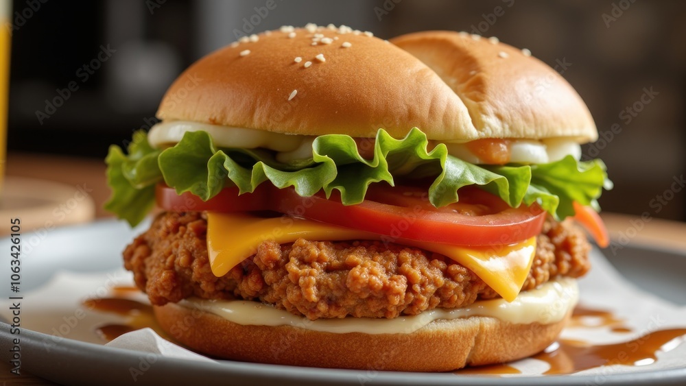 Chicken burger on a plate with ketchup and mustard