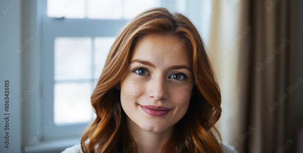 Portrait of an attractive young woman with a short haircut and bright smile in the interior of her room in a minimalist style.