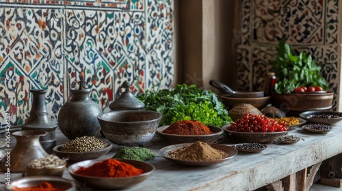 Uzbek kitchen with spices, vegetables, and traditional cooking tools