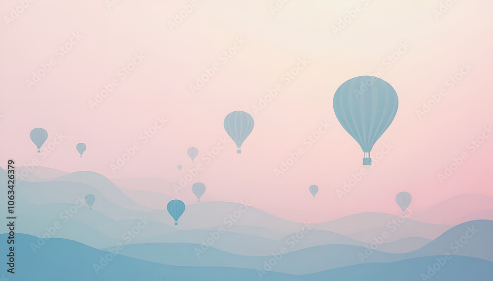 Obraz premium Colorful hot air balloons floating over serene pastel landscape at dawn, dreamy atmosphere, copy space