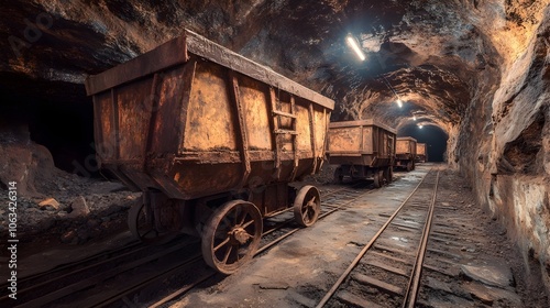 Dimly Lit Underground Tunnel with Mining Carts on Tracks in a Abandoned Coal Mine