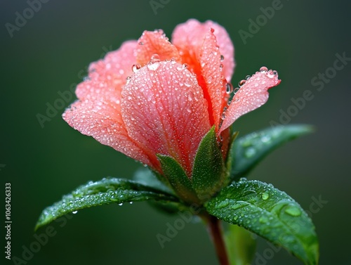 Capture the intense clarity of a macro shot featuring dew-covered azalea petals in nature