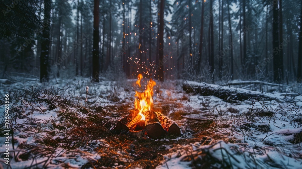 Campfire in the winter forest. Beautiful landscape of nature and trees. Sparks and flames. Rest by the fire. Camping in the woods. Burning firewood. Evening bonfire. Rain and snow in the forest Campfire in the winter forest. Beautiful landscape of nature and trees. Sparks and flames. Rest by the fire. Camping in the woods. Burning firewood. Evening bonfire. Rain and snow in the forest