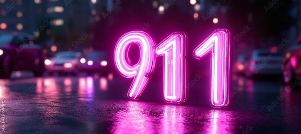 911 Emergency Number Neon Sign Glowing on a Rainy Night City Street, Blurred Cars in Background