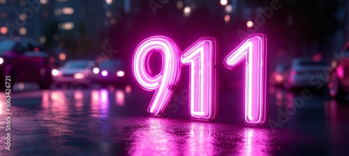 911 Emergency Number Neon Sign Glowing on a Rainy Night City Street, Blurred Cars in Background