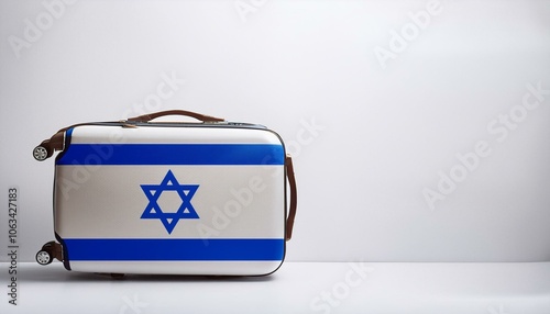 イスラエルの国旗のスーツケース。(Israel flag on a stylish suitcase and copy space.) 