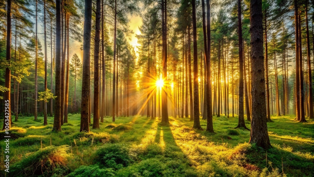 Obraz premium High-resolution image of a serene forest scene at sunset, with tall trees, lush greenery, and warm golden light filtering through the leaves, foliage, autumn, forest