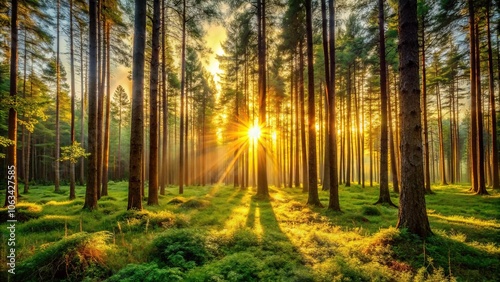 High-resolution image of a serene forest scene at sunset, with tall trees, lush greenery, and warm golden light filtering through the leaves, foliage, autumn, forest