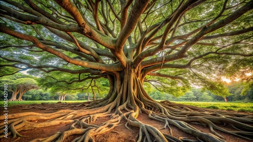 Intricate network of roots and branches forming a massive, sprawling tree, unity, interconnectedness, wholeness