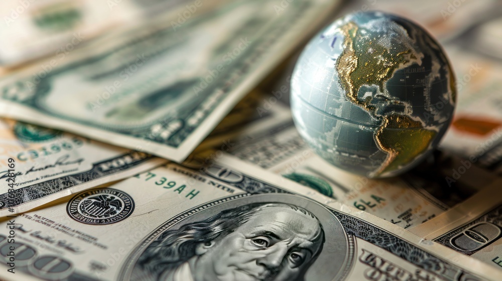 Close-up of US currency with a miniature globe, symbolizing global financial markets and economic influence Close-up of US currency with a miniature globe, symbolizing global financial markets and economic influence