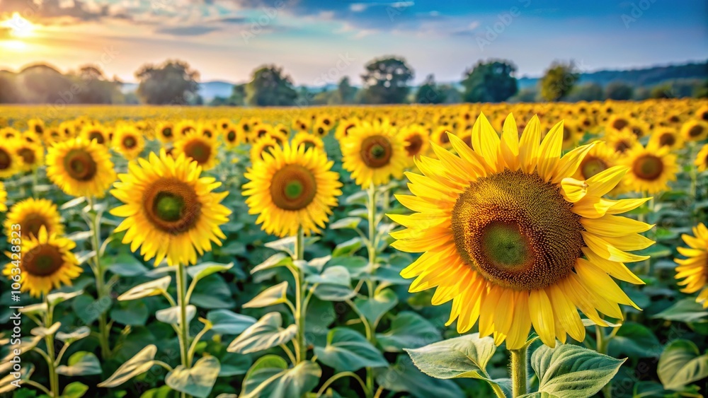 Obraz premium Large sunflower field with tall stalks of bright yellow flowers and green leaves in a natural setting, nature, landscape