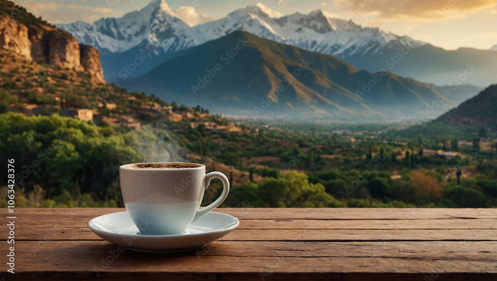 Freshly brewed cup of Arabica coffee on a wooden table, set against a scenic mountain backdrop in the morning. Freshly brewed cup of Arabica coffee on a wooden table, set against a scenic mountain backdrop in the morning.