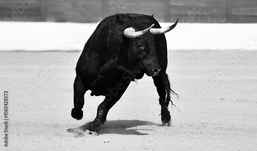 brave bull with big horns in a traditional spectacle of bullfight