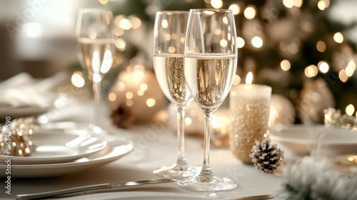 Neutral-toned New Year's Eve toast with champagne glasses and calm beige, cream, and brown accents in cozy holiday setting. Christmas, New Year's Eve