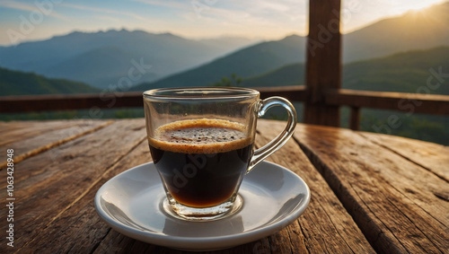 Freshly brewed cup of Arabica coffee on a wooden table, set against a scenic mountain backdrop in the morning.
