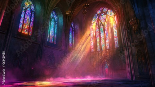 A majestic cathedral interior with stained glass windows casting colorful light beams.