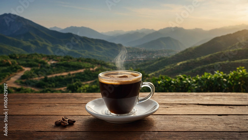 Freshly brewed cup of Arabica coffee on a wooden table, set against a scenic mountain backdrop in the morning.