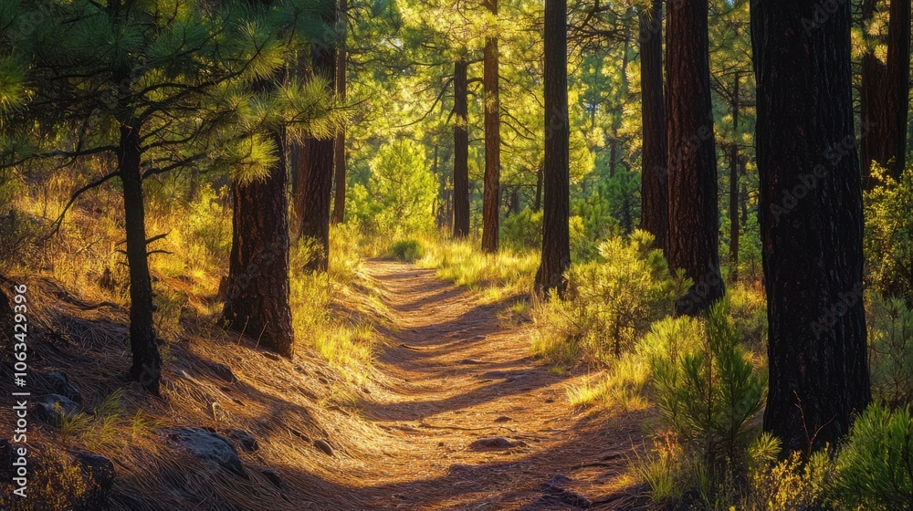 Obraz premium A hiking trail through a dense pine forest, where sunlight