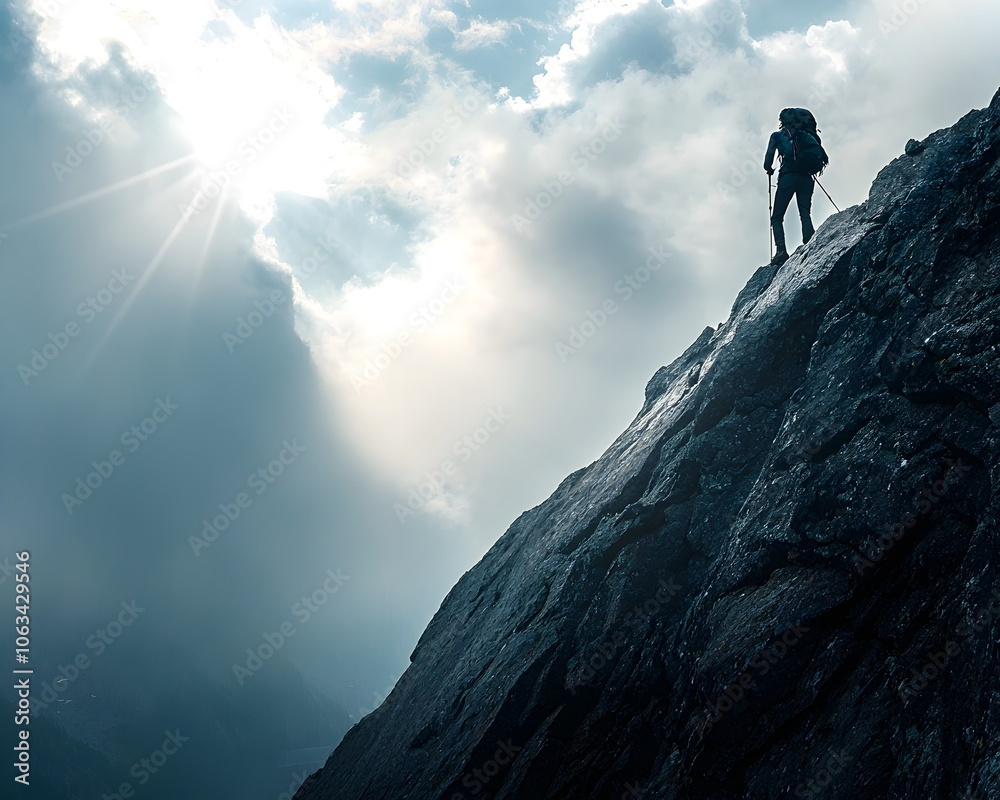 Solitary Hiker s Shadow Ascending Rugged Rocky Incline with Dramatic Lighting Solitary Hiker s Shadow Ascending Rugged Rocky Incline with Dramatic Lighting