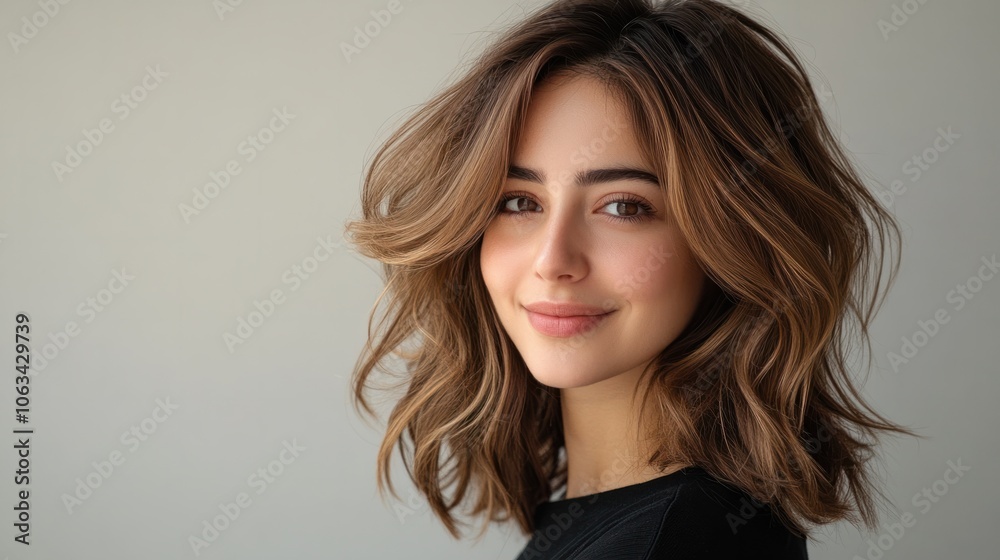 Fototapeta premium Beautiful woman with thick, wavy hair, smiling gently on a clean, neutral background